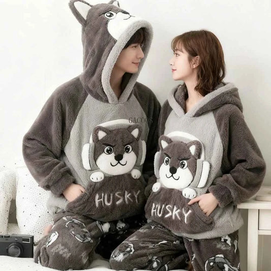 Adult Winter Thicken Sleepwear Pajamas Set Women Coral Fleece Pyjama Cartoon Deer Panda Hooded Homewear Loungewear Pijamas Suit