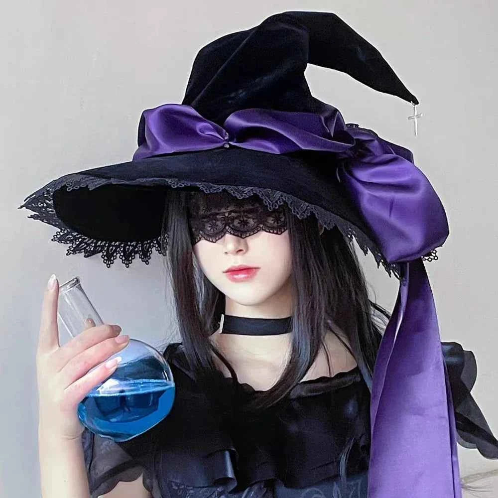 Handmade Lace Witch Pointed Hats Bandage Bow Wizard Hat Adult Gothic Lolita Cosplay Costume Halloween Party Bucket Hat