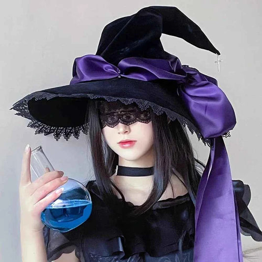 Handmade Lace Witch Pointed Hats Bandage Bow Wizard Hat Adult Gothic Lolita Cosplay Costume Halloween Party Bucket Hat