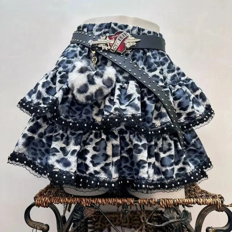 Y2k Japanese Vintage Lolita Style Short Party Skirts Women Gothic Leopard Print Mini Skirts Streetwear Harajuku Punk Skirt Chic