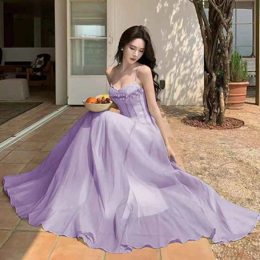 Summer Retro Purple Sexy Sleeveless Backless Ruffles Pleated Slip Dress French Women Green Elegant Party Evening Long Dress Chic
