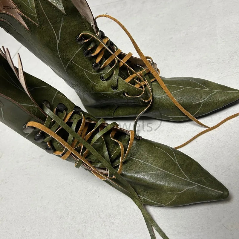 Women New Halloween Elf Witch Cosplay Retro Shoes Faux Leather Party Green Tree Spirit Leaf Boots Gifts for Her