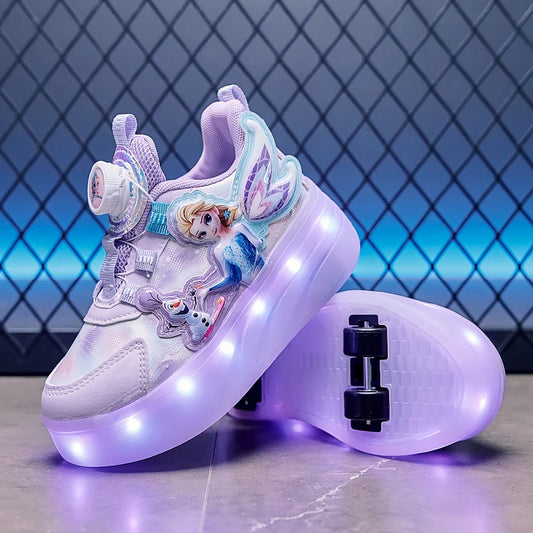 Disney Princess Two Wheels Children's Led Light Roller Skate Shoes For Girls 2025 Glowing Sports Luminous Sneakers