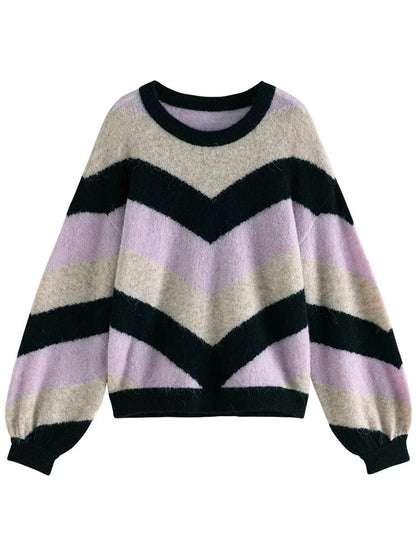 DUSHU Loose Soft Sticky Stripe Knit Shirt Pullovers Winter 2023 New Peruvian Alpaca Wool Inner Layer Knit Pullovers For Women SS69