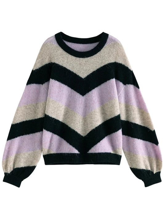 DUSHU Loose Soft Sticky Stripe Knit Shirt Pullovers Winter 2023 New Peruvian Alpaca Wool Inner Layer Knit Pullovers For Women SS69
