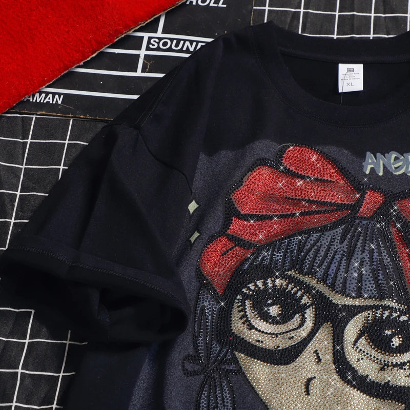 Oversized chubby girl European product heavy diamond embossed cartoon girl top, mid-length loose women's short-sleeved T-shirt SS69