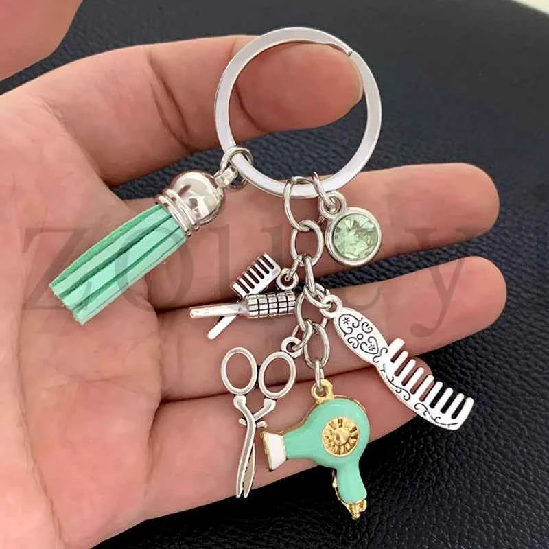 New fashion hairstyle gift charm tassel keychain retro jewelry mini hairdressing scissors hair dryer comb keychain DIY manual