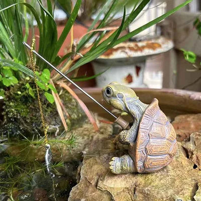 Creative Rope Fishing Turtle Statue Cute Simulation Turtle Resin Figurine Animal Sculpture Ornament Outdoor Home Garden Decor