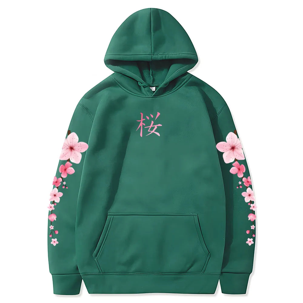 Japanese Blossom Sakura Graphic Hoodies Long Sleeve Winter Hooded Sweatshirts Casual Women/Men Comfortable Pullovers with Pocket SS69 21.69 dark-green / XXL