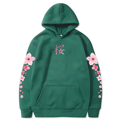Japanese Blossom Sakura Graphic Hoodies Long Sleeve Winter Hooded Sweatshirts Casual Women/Men Comfortable Pullovers with Pocket SS69 21.69 dark-green / XXL