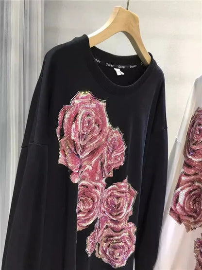 Oversized Rhinestone light luxury rose round-neck long-sleeved top pull-over women's sportswear SS69