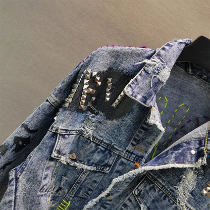 Women Diamonds Beaded Letters Graffiti Denim Coat Holes Rivets Tassels Jeans Bomber Jacket Casual Eyelet Cowboy Cardigan Jaqueta SS69