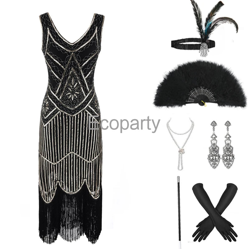 1920s Gatsby Dress 20s Flapper Girl Fancy Retro Sleeveless Sequins Embroidered Tassels Party Dress With Fan Necklace Accessories SS69 58.69 Black gold / XXL / CHINA