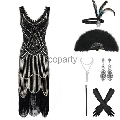 1920s Gatsby Dress 20s Flapper Girl Fancy Retro Sleeveless Sequins Embroidered Tassels Party Dress With Fan Necklace Accessories SS69 58.69 Black gold / XXL / CHINA