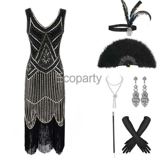 1920s Gatsby Dress 20s Flapper Girl Fancy Retro Sleeveless Sequins Embroidered Tassels Party Dress With Fan Necklace Accessories SS69 58.69 Black gold / XXL / CHINA