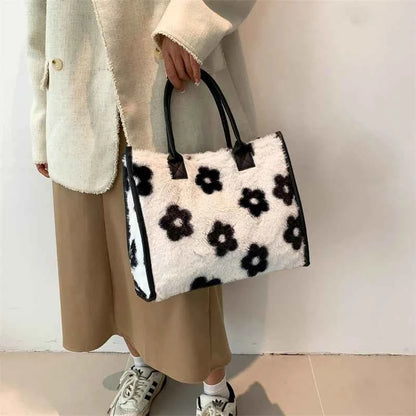 Winter Faux Fur ,Leopard Print Designer Shopper Totes, Fashion Soft Plush Women Shoulder Bags, Large Capacity Handbags and Purse