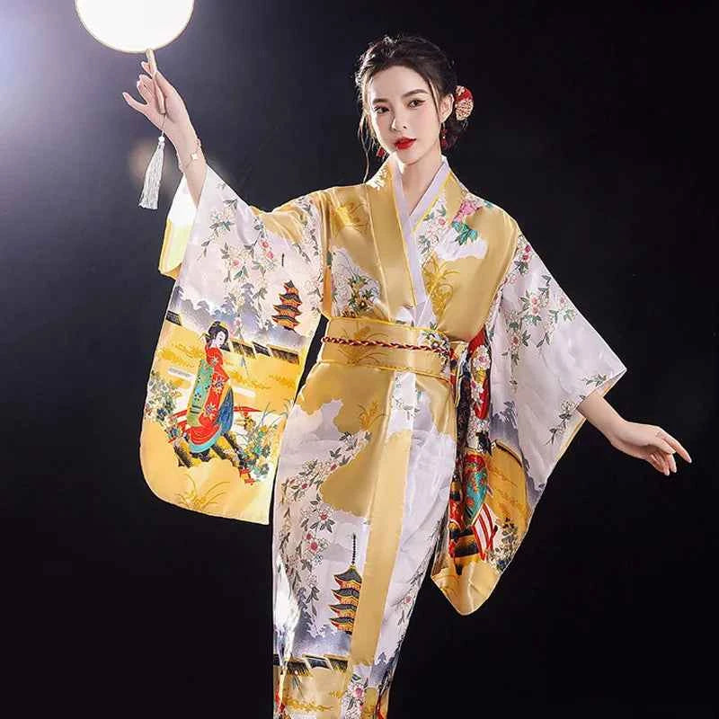 Women's Elegants Japanese Kimono Sexy Yukata with Obi Cosplay Costume National Novelty Evening Dress Printed Flower Geisha Gown