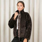 PUAL Women's Fuzzy Fleece Zip-Up Jacket with High Collar & Big Pockets