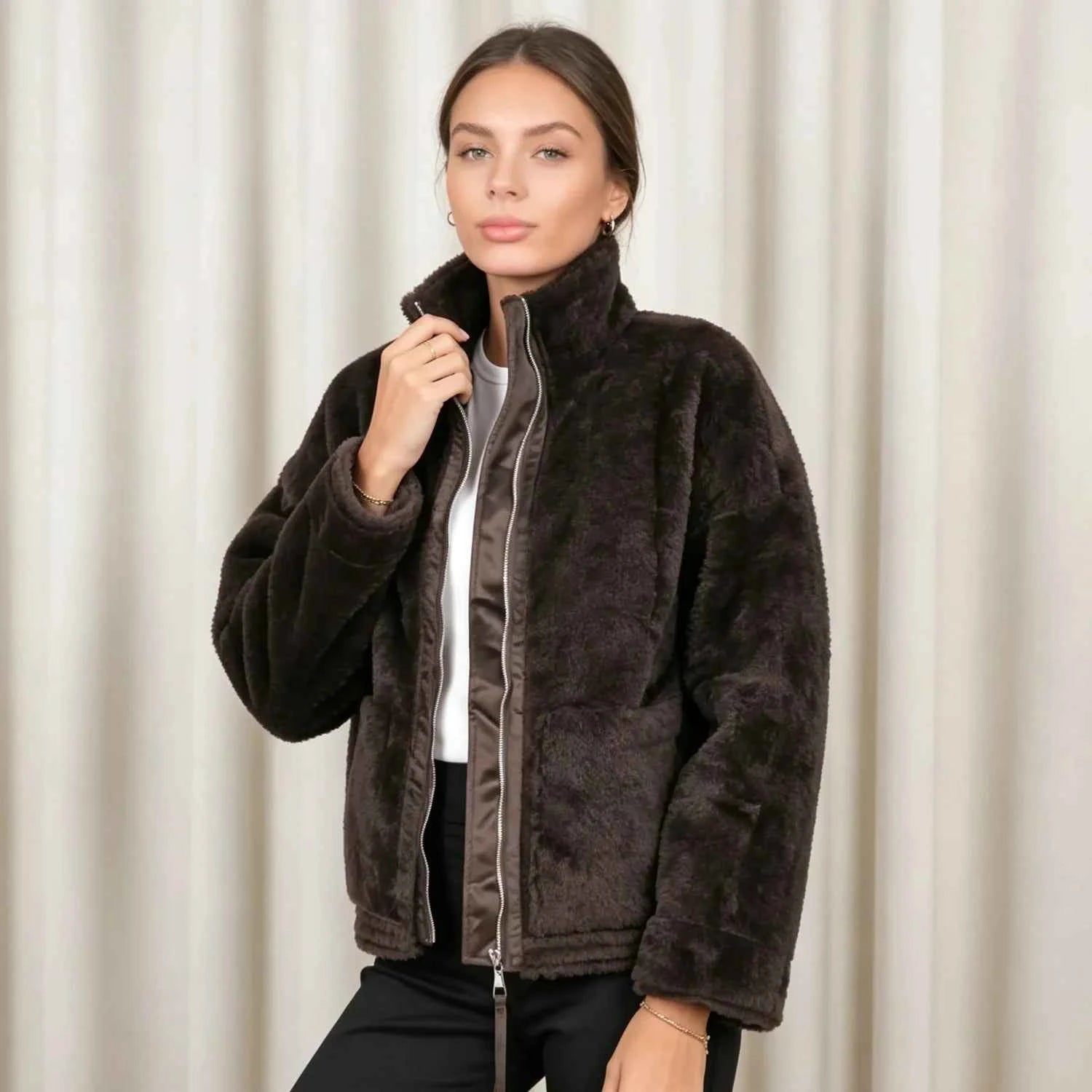 PUAL  2026 new fuzzy fleece zip up jacket, high collar, big pockets, warm casual short outerwear, cozy winter women plush coat