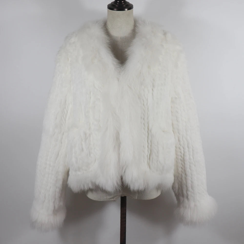 New Women Autumn Winter Knitted Real Rabbit Fur Coat 100% Natural Rabbit Fur Jacket With Fox Fur Collar Overcoat For Female