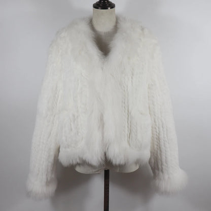 New Women Autumn Winter Knitted Real Rabbit Fur Coat 100% Natural Rabbit Fur Jacket With Fox Fur Collar Overcoat For Female