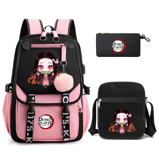 3Pcs Kamado Nezuko Demon Slayer Backpacks Set for Girls Anime School Bag Teenager Student Canvas Laptop Back Pack Women Rucksack SS69