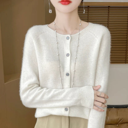 100%Merino Wool Cardigan Women's Round Neck Casual High-Quality AutumnWinter Solid Color Jacket Knit Basic Sweater Pure Wool Top SS69 23.69 WHITE / M / CHINA