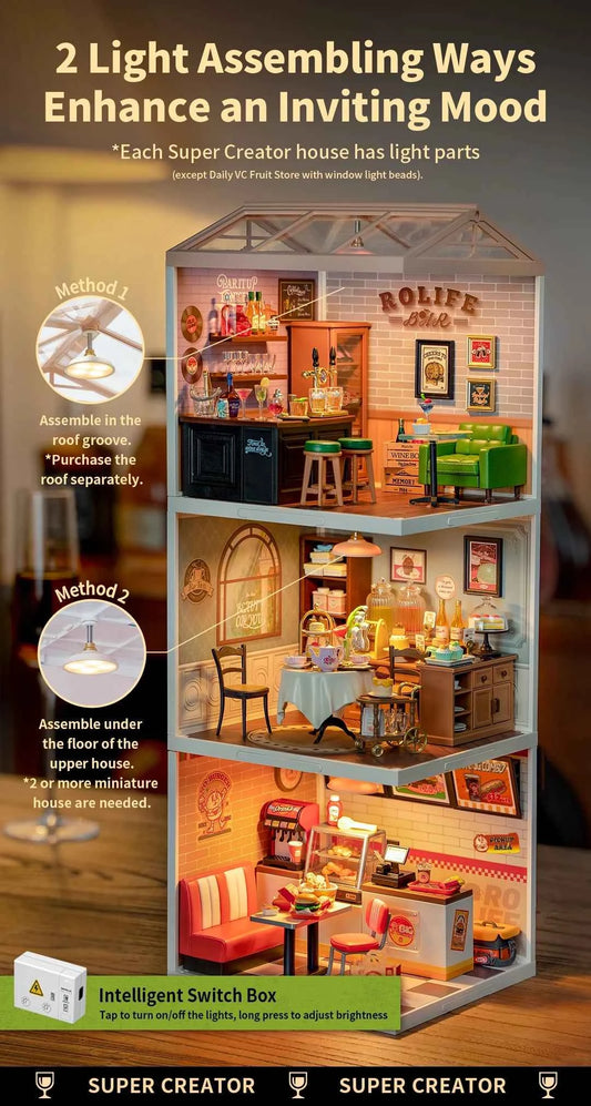 Robotime Rolife Super Creator Series Plastic Dollhouse Building Blocks for Kids Yum Burgers Leisurely Cheers Bar Sweet Sips Tea