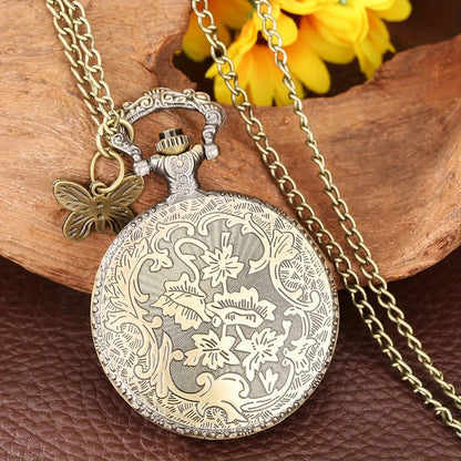 Vintage Cute Butterfly Pattern With Necklace Chain Pocket Watch Gift SS69