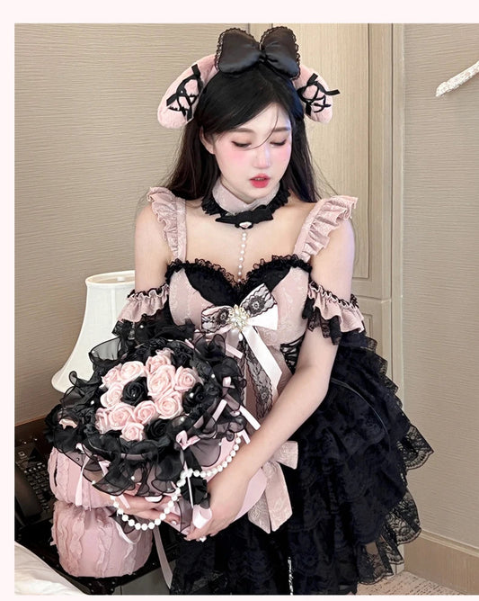 2024 New Spring Summer Ladies Exquisite Lace Skirt Suit Lolita Sweet Womens Black Pink Bow Tube Top Sling Short Cake Skirt Set SS69