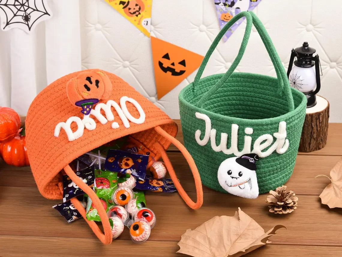 Custom Name Halloween Candy Basket, Personalized Cotton Trick or Treat Bag, Kids Candy Basket, Boo Basket, Halloween Gift,