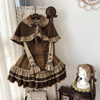 Autumn Winter Lolita Style 3 Piece Set Women Lace Bow Peter Pan Collar Cloak Coat Plaid Mini Dress Korean Fashion Y2k Sweet Suit
