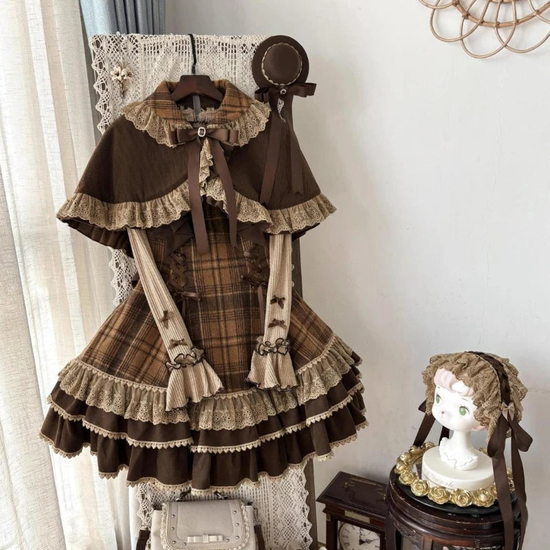Autumn Winter Lolita Style 3 Piece Set Women Lace Bow Peter Pan Collar Cloak Coat Plaid Mini Dress Korean Fashion Y2k Sweet Suit