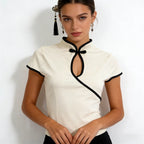 Women's Beige Chinese Style Cheongsam Blouse Vintage Mandarin Collar Short Sleeve Crop Top with Frog Button Keyhole Asymmetrical