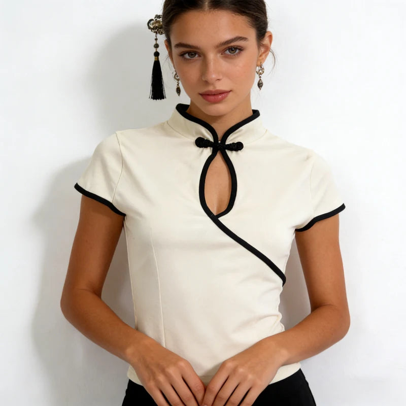 Women's Beige Chinese Style Cheongsam Blouse Vintage Mandarin Collar Short Sleeve Crop Top with Frog Button Keyhole Asymmetrical