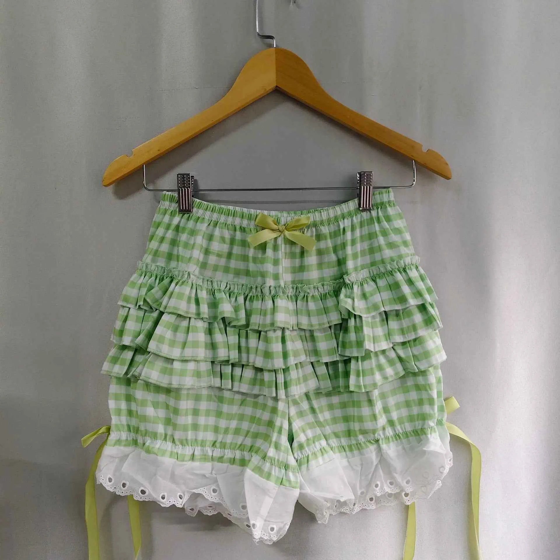 Kimotimo Green Plaid Bow Skirt Shorts Women Elastic Waist Slim Ift Short Pants Japanese Kawaii Versatile Y2k Aesthetic Clothes