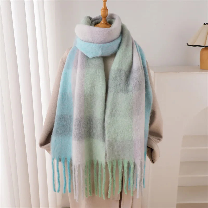 RUNMEIFACN Women's Winter Plaid Cashmere Blend Scarf with Tassels