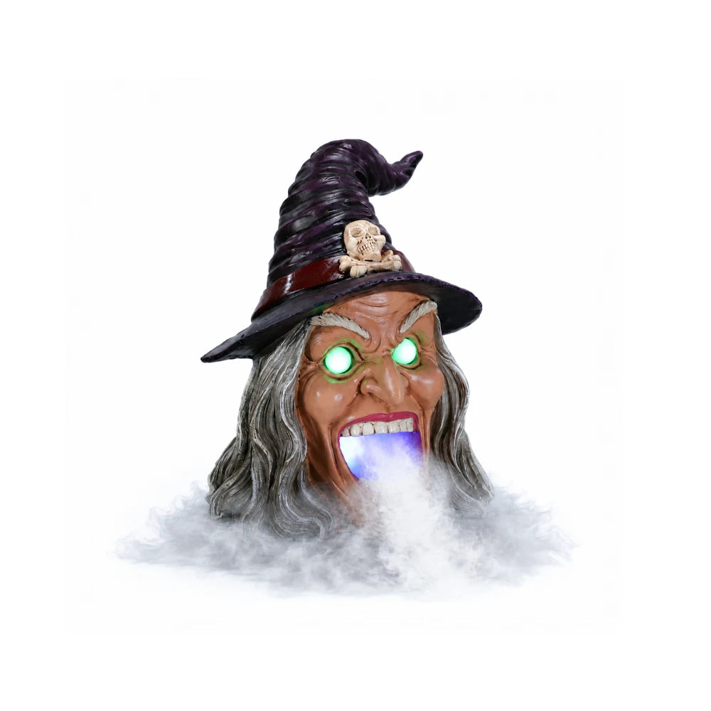 Halloween Witch Head Decor with LED Light and Mist Effect, Spooky Tabletop Decoration with Glowing Eyes