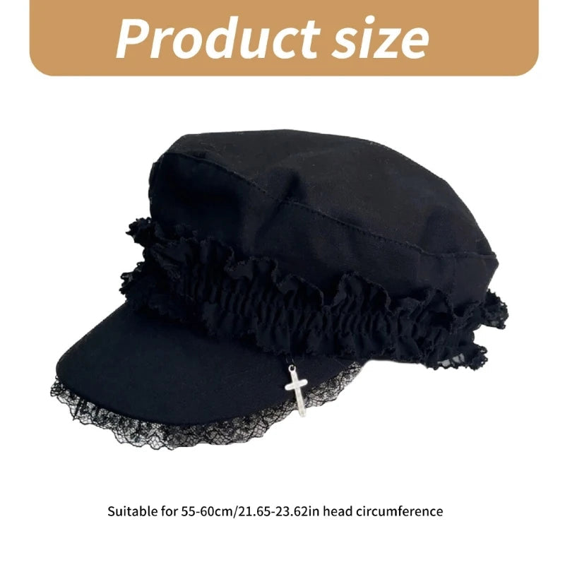 Japanese Women Double Layers Lace Beret Cap Fashion 2000s Girls Gothic Punk Cross Pendant Octagonal Hat Street Photography Hat SS69