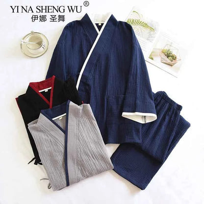 Japanese Style Spring and Autumn Thin Men's Kimono Hanfu Pure Cotton Gauze Pajamas Plus Size Home Steaming Suit