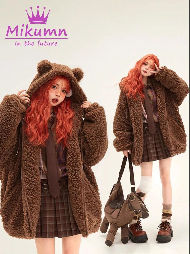 Mikumn Harajuku Y2k Cute Bear Ears Lamb Wool Coat Women's Winter Soft Thickened Warm Hooded Overcoat Female Casual Outwear SS69 47.69 S