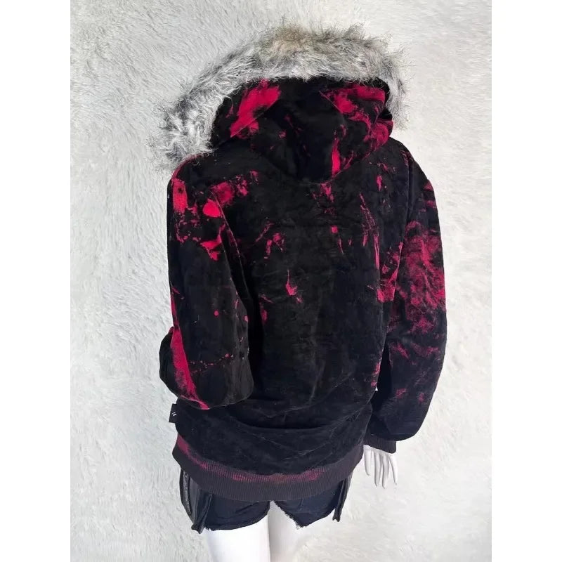 New Gothic geometric print red gradient zipper hoodie women fashion high street fur collar loose sweatshirt for men and women