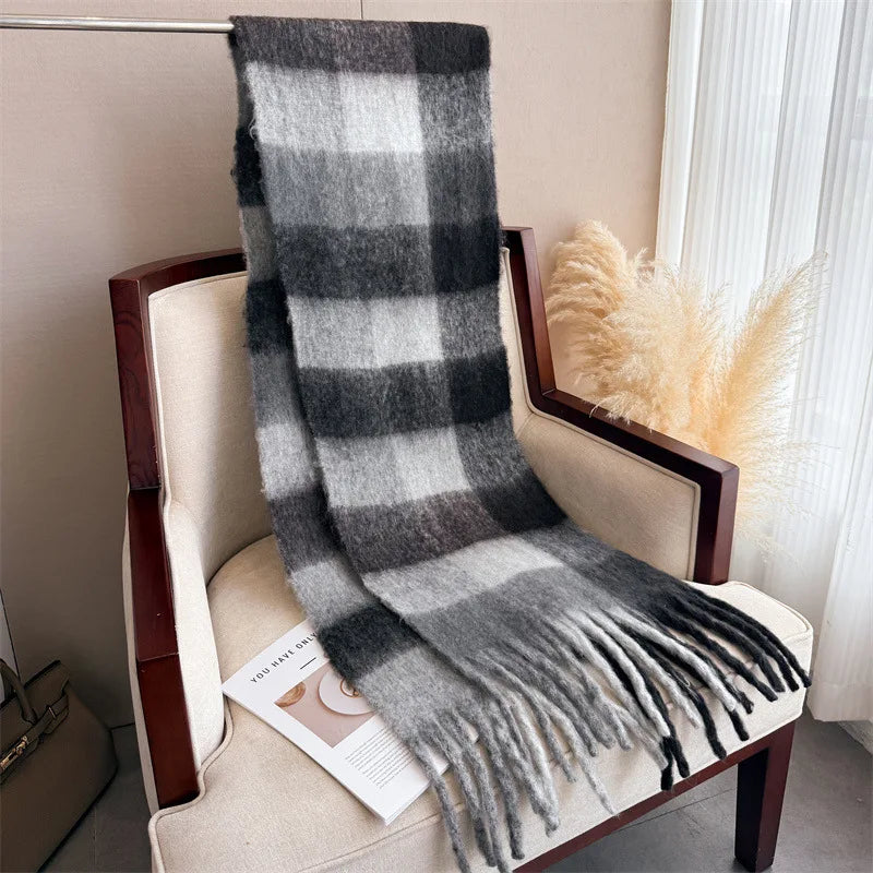 RUNMEIFACN Women's Winter Plaid Cashmere Blend Scarf with Tassels