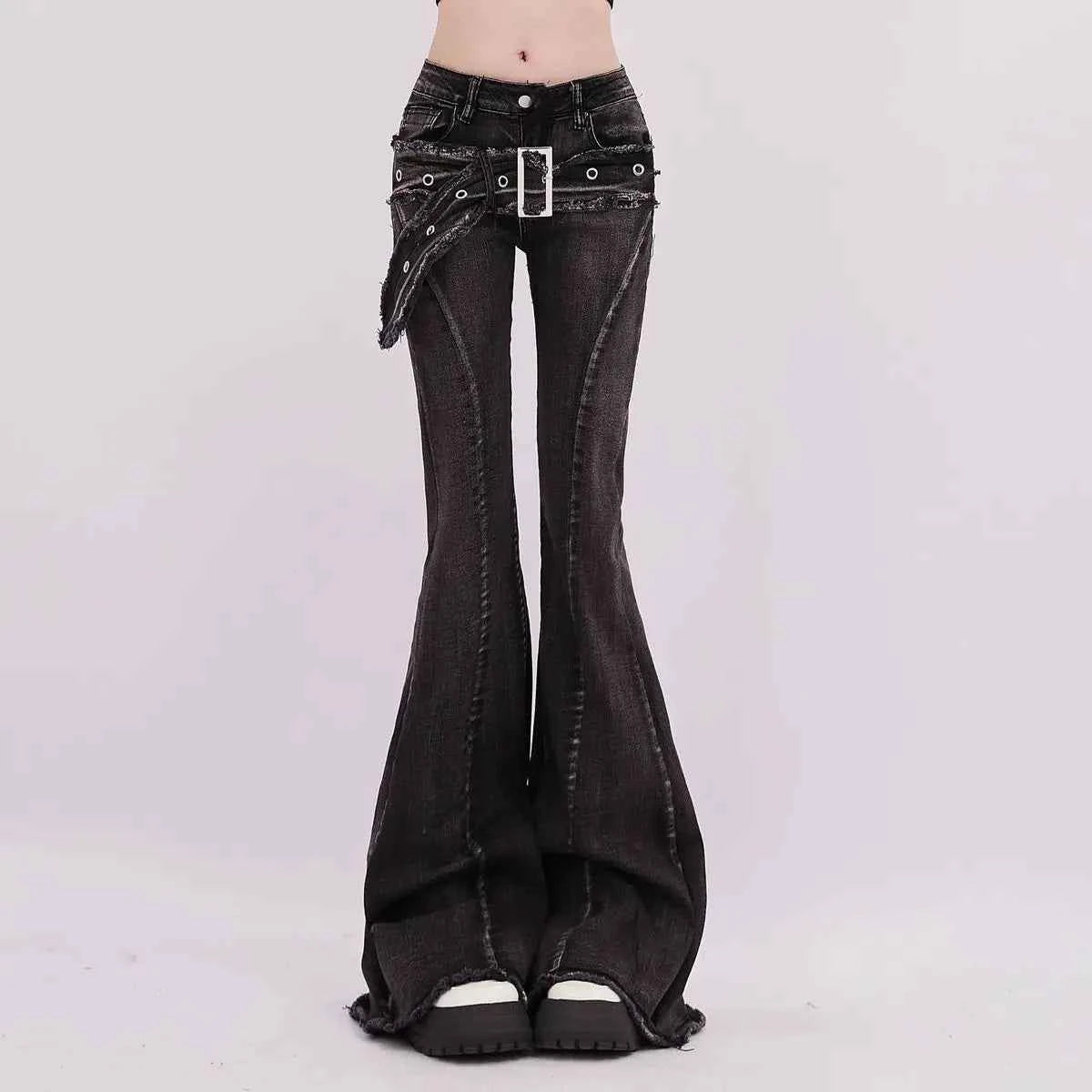 Vintage Slim Micro-flare Jeans Women Ins Fashionable Splicing Belt Edge Y2K Pants High Waist Straight American Street Trousers