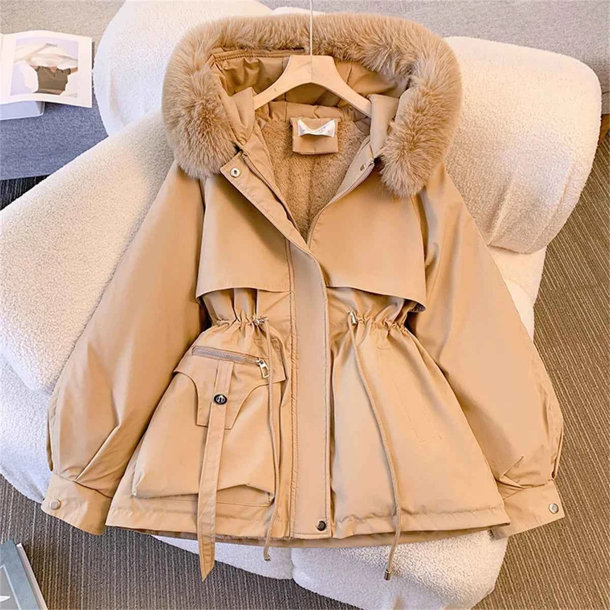 Women Autumn Winter Fashion Coats Korean Hooded Drawstring Padded Jackets Solid Female Casual Street Outfit Coat Zip Up Parkas