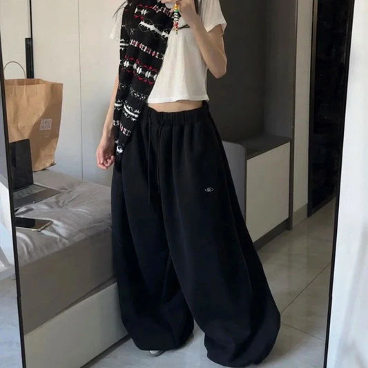 BiggOrange Women's High-Waist Oversized Hip-Hop Sweatpants, Black Wide-Leg