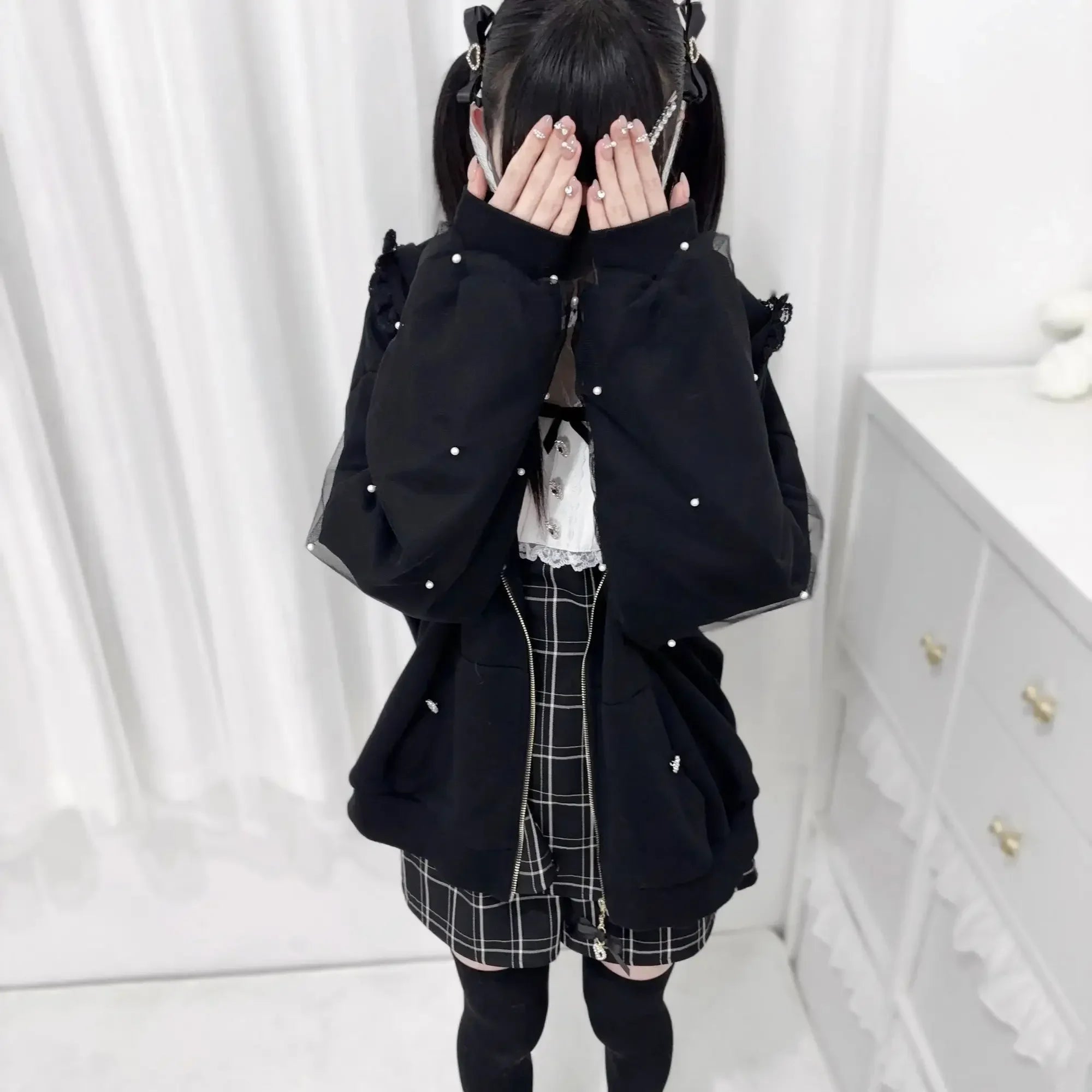 CHUJIECN Kawaii Bunny Ear Lace Zipper Hoodie