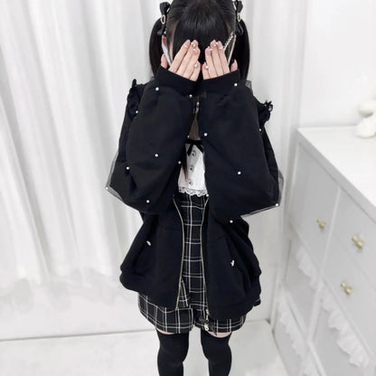 CHUJIECN Japanese Kawaii Bunny Ear Hoodie Women Lace Zipper Jacket