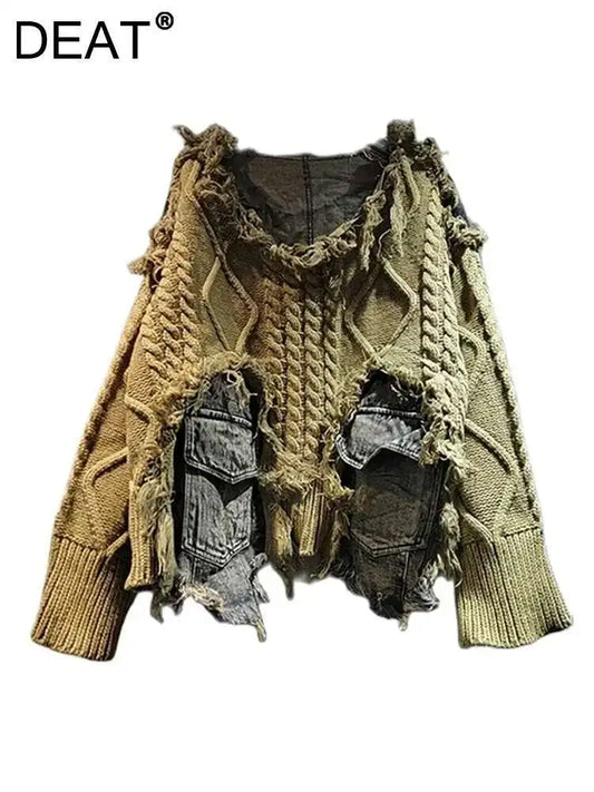 DEAT Women's Patchwork Denim Pullover Sweater, Long Sleeve Loose Knit Top