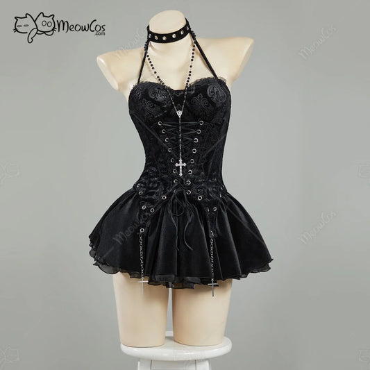 MEOWCOS Women's Misa Gothic Black Corset and Layered Skirt Set with Gloves